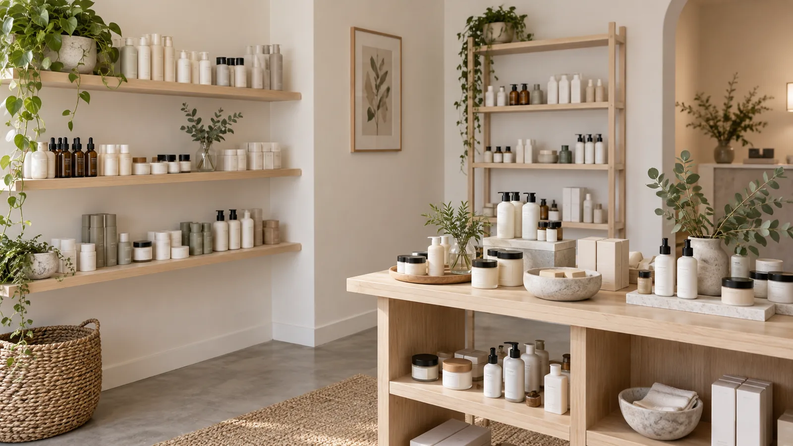 Pale wooden shelves and a display table crowded with bottles, jars, and pump dispensers, softened by trailing houseplants.