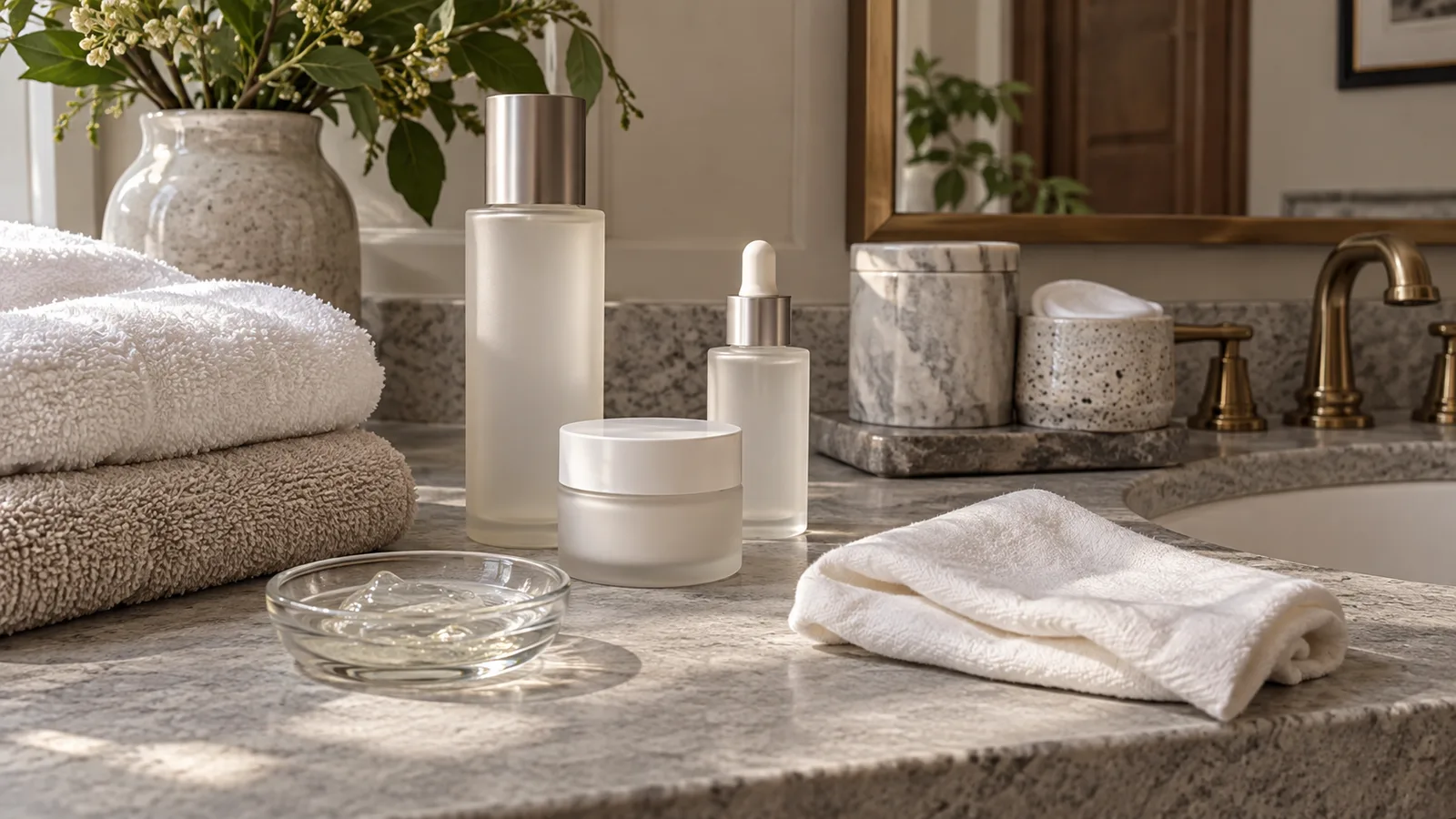 Frosted glass bottles, a cream jar, and a small dish of clear gel beside folded towels on a granite vanity.